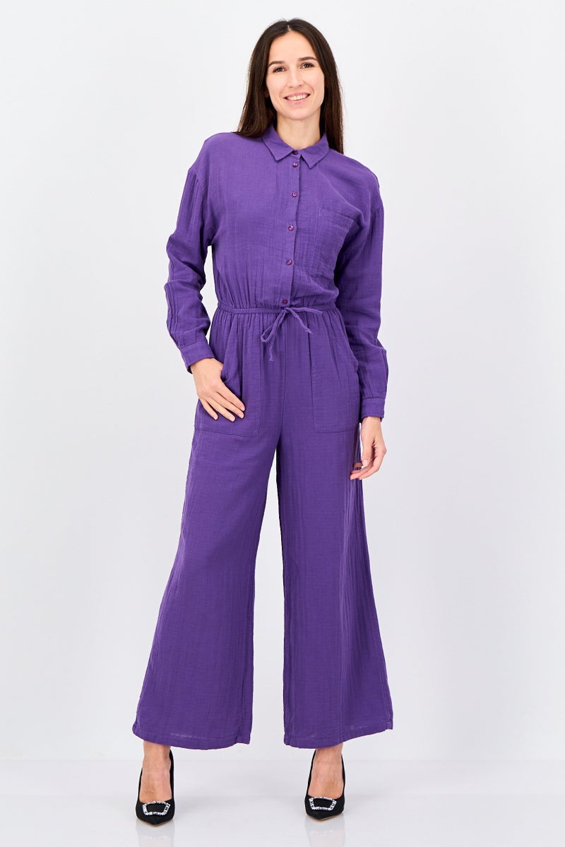 promod Women Plain Long Sleeve Jumpsuits, Purple - Image 1
